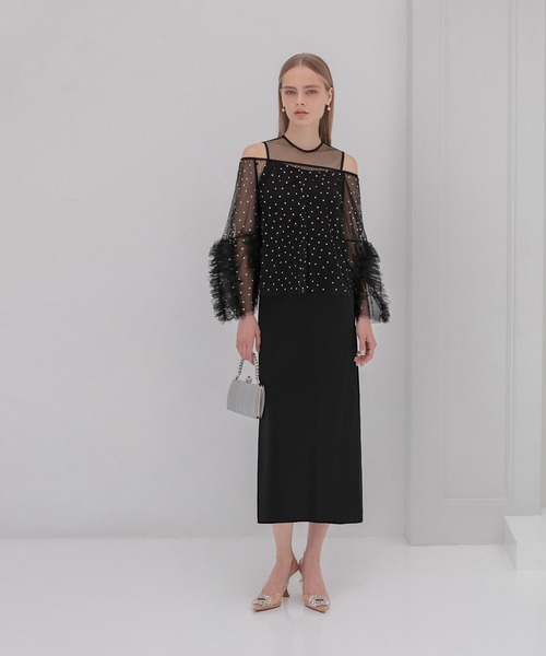 セール】【LEJA】ドットストーンオフショルIラインワンピースドレス