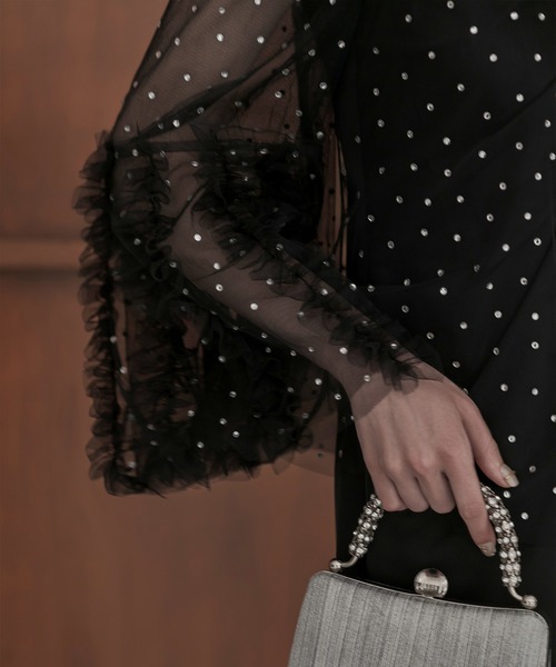 セール】【LEJA】ドットストーンオフショルIラインワンピースドレス