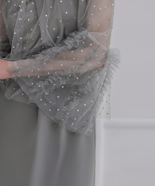 セール】【LEJA】ドットストーンオフショルIラインワンピースドレス