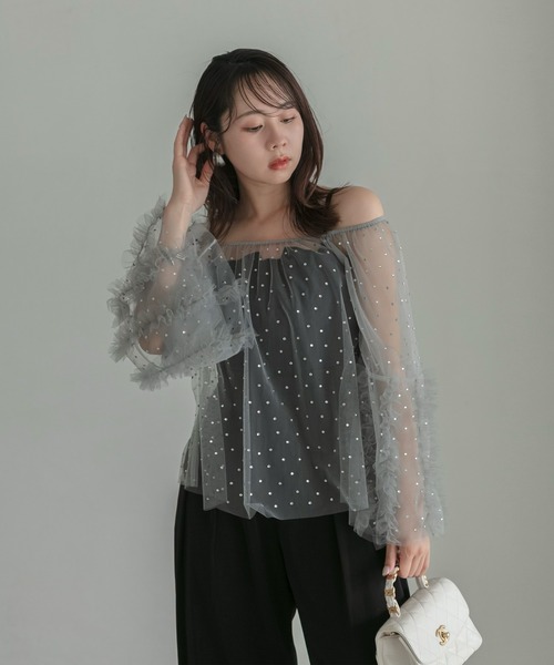 セール】【LEJA】ドットストーンオフショルIラインワンピースドレス