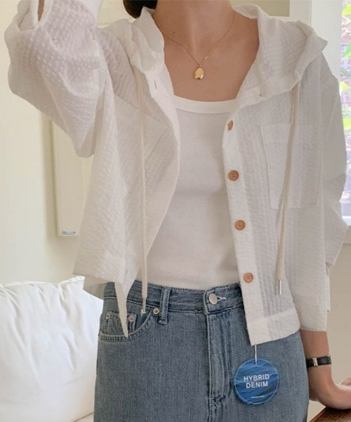 Ritzy(リッツィー)の「ストライプ柄 フード付きシャツ(シャツ/ブラウス・レディース・ホワイト/ブルー・M/L)」の2枚目の写真