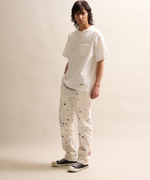 HAND PAINTED CHAIN STITCH LOGO SLIM TAPERED PAINTER PANTS