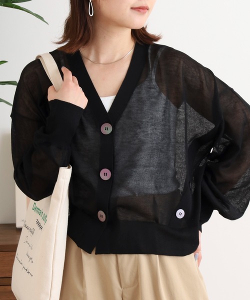 Anna Nicola(アンナニコラ)の「Anna Nicola でかボタンディテール シアーニットカーディガン長袖(カーディガン/ボレロ・レディース・ブラック/ターコイズブルー/ベージュ/グレイッシュベージュ・38)」の6枚目の写真