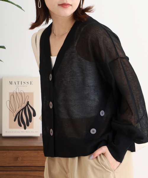 Anna Nicola(アンナニコラ)の「Anna Nicola でかボタンディテール シアーニットカーディガン長袖(カーディガン/ボレロ・レディース・ブラック/ターコイズブルー/ベージュ/グレイッシュベージュ・38)」の7枚目の写真