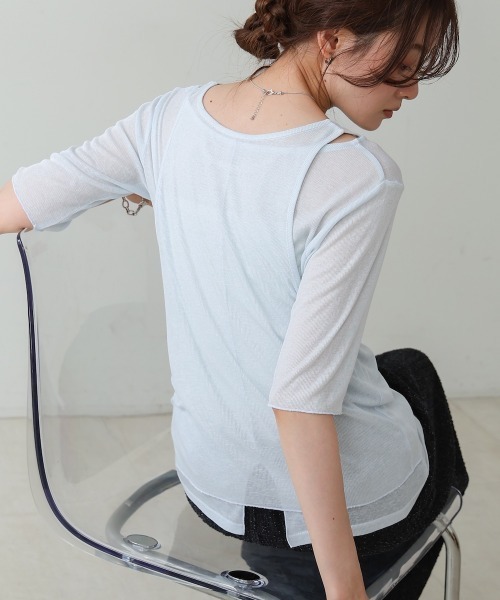Bab(バブ)の「【2点セット】5分袖レイヤードセットシアーカットソー(Tシャツ/カットソー・レディース・ブラック/ライトブルー/オフホワイト/ピンク・FREE)」の1枚目の写真