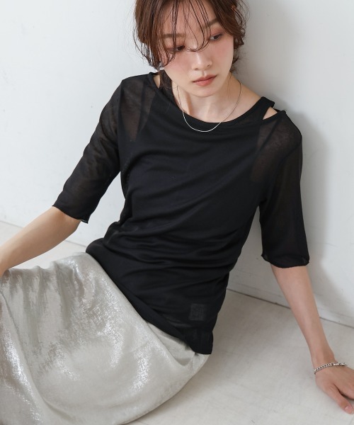 Bab(バブ)の「【2点セット】5分袖レイヤードセットシアーカットソー(Tシャツ/カットソー・レディース・ブラック/ライトブルー/オフホワイト/ピンク・FREE)」の3枚目の写真