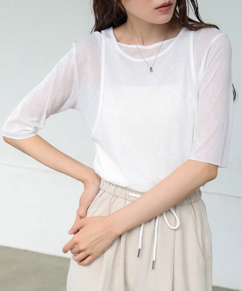 Bab(バブ)の「【2点セット】5分袖レイヤードセットシアーカットソー(Tシャツ/カットソー・レディース・ブラック/ライトブルー/オフホワイト/ピンク・FREE)」の7枚目の写真