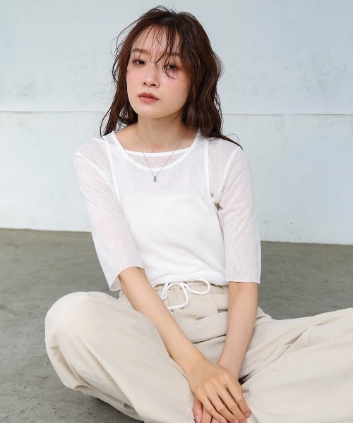 Bab(バブ)の「【2点セット】5分袖レイヤードセットシアーカットソー(Tシャツ/カットソー・レディース・ブラック/ライトブルー/オフホワイト/ピンク・FREE)」の6枚目の写真