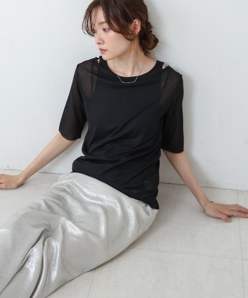 Bab(バブ)の「【2点セット】5分袖レイヤードセットシアーカットソー(Tシャツ/カットソー・レディース・ブラック/ライトブルー/オフホワイト/ピンク・FREE)」の17枚目の写真