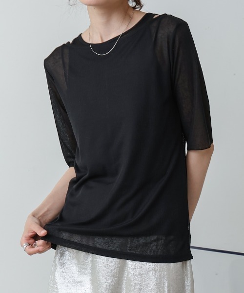 Bab(バブ)の「【2点セット】5分袖レイヤードセットシアーカットソー(Tシャツ/カットソー・レディース・ブラック/ライトブルー/オフホワイト/ピンク・FREE)」の15枚目の写真