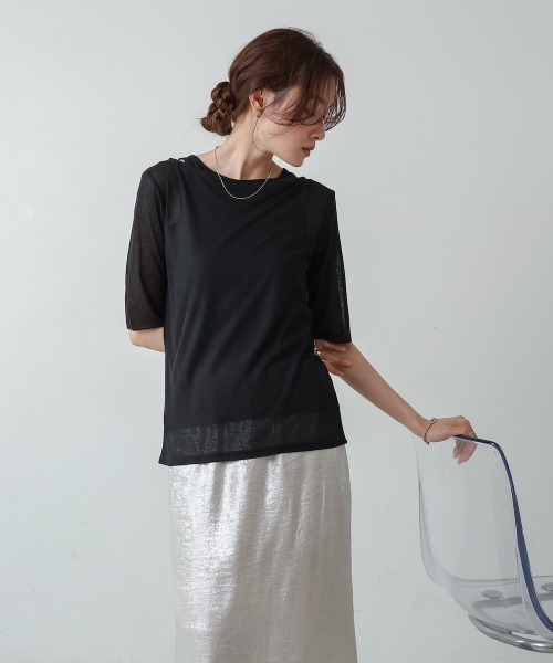 Bab(バブ)の「【2点セット】5分袖レイヤードセットシアーカットソー(Tシャツ/カットソー・レディース・ブラック/ライトブルー/オフホワイト/ピンク・FREE)」の14枚目の写真