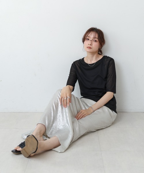 Bab(バブ)の「【2点セット】5分袖レイヤードセットシアーカットソー(Tシャツ/カットソー・レディース・ブラック/ライトブルー/オフホワイト/ピンク・FREE)」の13枚目の写真