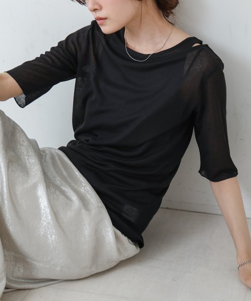 Bab(バブ)の「【2点セット】5分袖レイヤードセットシアーカットソー(Tシャツ/カットソー・レディース・ブラック/ライトブルー/オフホワイト/ピンク・FREE)」の12枚目の写真