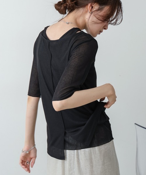Bab(バブ)の「【2点セット】5分袖レイヤードセットシアーカットソー(Tシャツ/カットソー・レディース・ブラック/ライトブルー/オフホワイト/ピンク・FREE)」の8枚目の写真