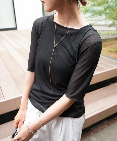 レイヤードカットソーセットトップス 2点セット】5分袖レイヤードセットシアーカットソー（Tシャツ