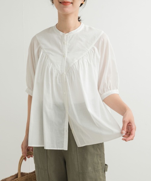 セール】コットンボイルV切替ギャザーブラウス（シャツ/ブラウス