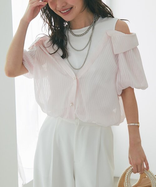 女子力UP！】シアーストライプシャツドッキングカットソー（T