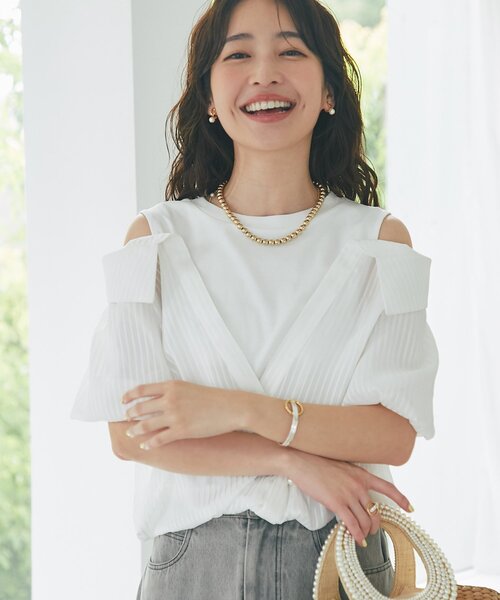 シアーストライプシャツドッキングカットソー（Tシャツ