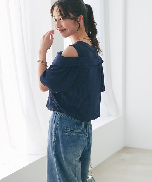シアーストライプシャツドッキングカットソー（Tシャツ