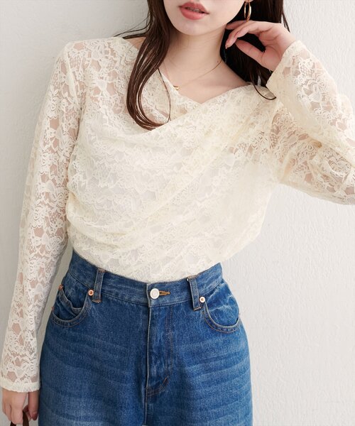 natural couture（ナチュラルクチュール）の「ドレープレースプルオーバー（Tシャツ/カットソー・レディース・アイボリー/ブラック・FREE）」の3枚目の写真