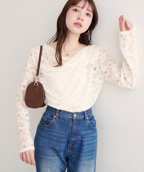 natural couture（ナチュラルクチュール）の「ドレープレースプルオーバー（Tシャツ/カットソー・レディース・アイボリー/ブラック・FREE）」の5枚目の写真