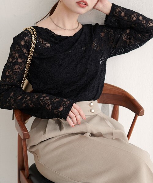 natural couture（ナチュラルクチュール）の「ドレープレースプルオーバー（Tシャツ/カットソー・レディース・アイボリー/ブラック・FREE）」の11枚目の写真