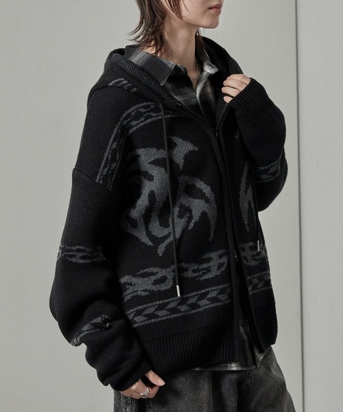 Alfred Alex（アルフレッドアレックス）の「【Alfred Alex】トライバル ローゲージ オーバーサイズ ジップアップ カウチンニットパーカー（パーカー・メンズ・グレー/ワイン/ブラック・L/M）」の11枚目の写真