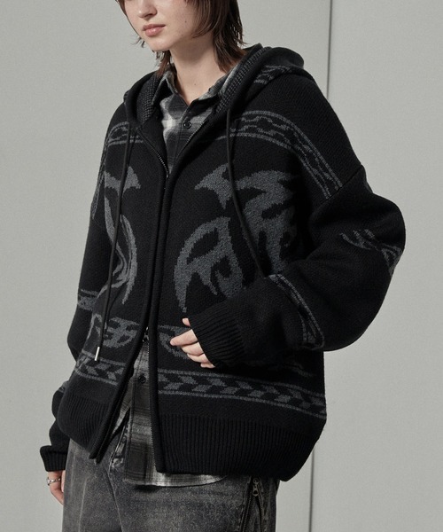 Alfred Alex（アルフレッドアレックス）の「【Alfred Alex】トライバル ローゲージ オーバーサイズ ジップアップ カウチンニットパーカー（パーカー・メンズ・グレー/ワイン/ブラック・L/M）」の12枚目の写真