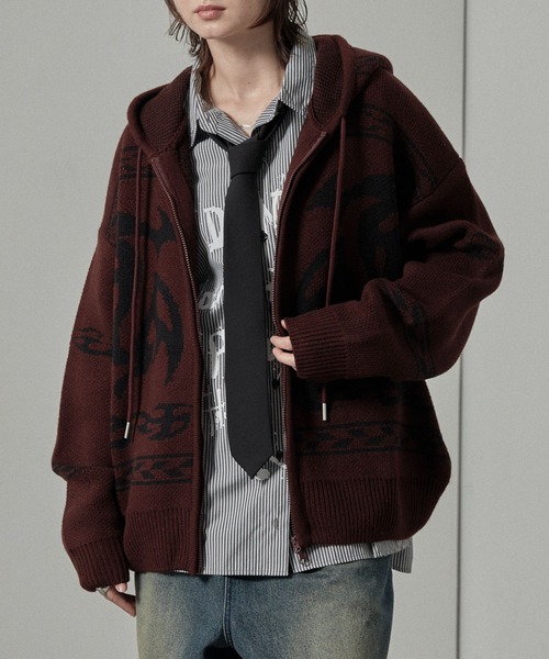 Alfred Alex（アルフレッドアレックス）の「【Alfred Alex】トライバル ローゲージ オーバーサイズ ジップアップ カウチンニットパーカー（パーカー・メンズ・グレー/ワイン/ブラック・L/M）」の21枚目の写真