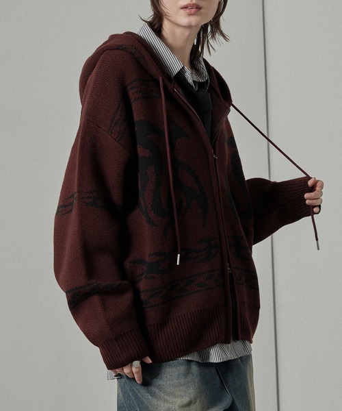 Alfred Alex（アルフレッドアレックス）の「【Alfred Alex】トライバル ローゲージ オーバーサイズ ジップアップ カウチンニットパーカー（パーカー・メンズ・グレー/ワイン/ブラック・L/M）」の20枚目の写真