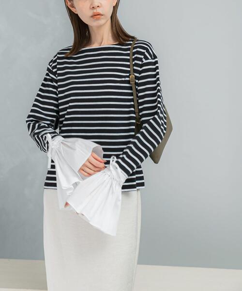 URBAN RESEARCH ROSSO WOMEN（アーバンリサーチ　ロッソ）の「Mewl　シャツスリーブボーダーTOPS（Tシャツ/カットソー・レディース・ブラック/オフホワイト・FREE）」の2枚目の写真