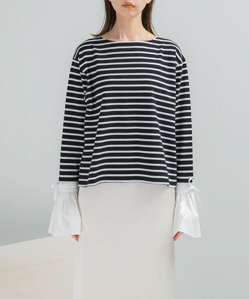 URBAN RESEARCH ROSSO WOMEN（アーバンリサーチ　ロッソ）の「Mewl　シャツスリーブボーダーTOPS（Tシャツ/カットソー・レディース・ブラック/オフホワイト・FREE）」の9枚目の写真