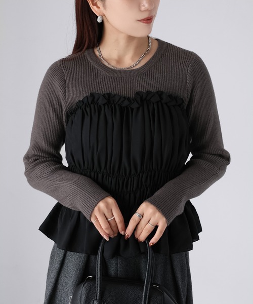 Riberry(リベリー)の「異素材ドッキングシャーリングニットプルオーバー(ニット/セーター・レディース・チャコールグレー/ブラック/ブラウン・FREE)」の2枚目の写真