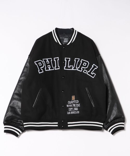 Philip Lumbang（フィリップランバン）の「【フィリップ・ランバン/Philip Lumbang】ウールメルトン ワッペンスタジャン ストリート スケート Y2K オールドスクール バーシティジャケット アワードジャケット（スタジャン・メンズ・ブラック/グリーン・MEDIUM/X-LARGE/LARGE）」の2枚目の写真