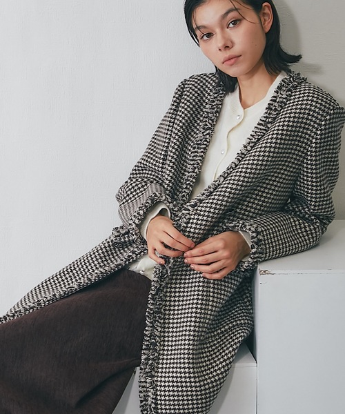 セール】カシミヤ混千鳥柄ウールコート（ノーカラーコート）｜SMILE