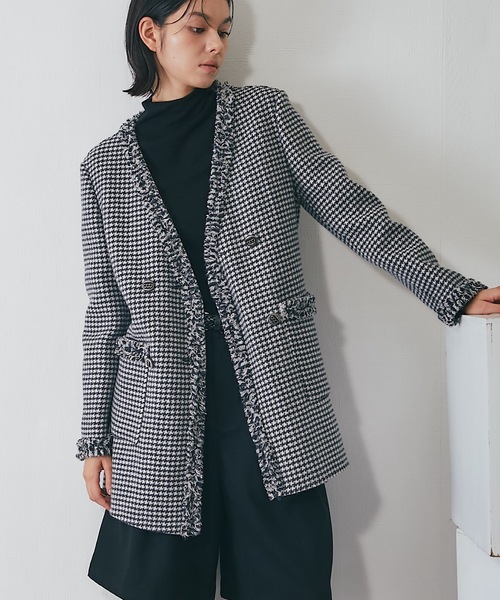 セール】カシミヤ混千鳥柄ウールコート（ノーカラーコート）｜SMILE