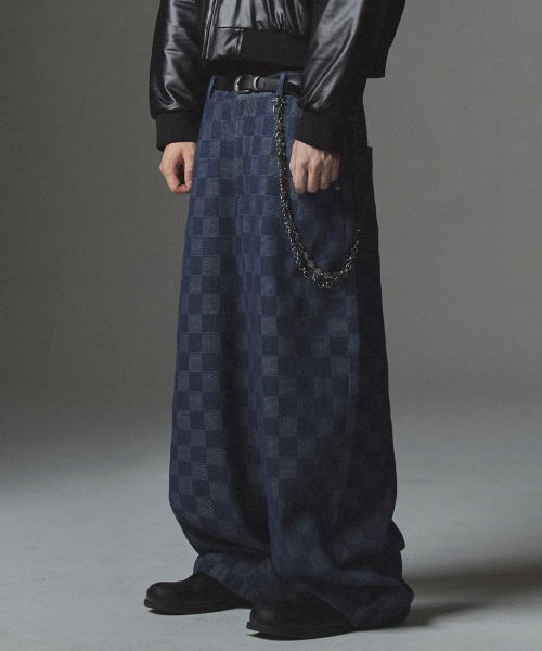 セール】Checkerboard Baggy Fit Denim Pants - Deep Blue（デニム 