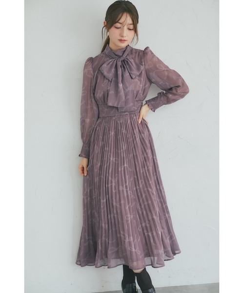 2WAYボウタイリボン付きリボンプリントシャーリングプリーツ