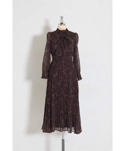 2WAYボウタイリボン付きリボンプリントシャーリングプリーツ