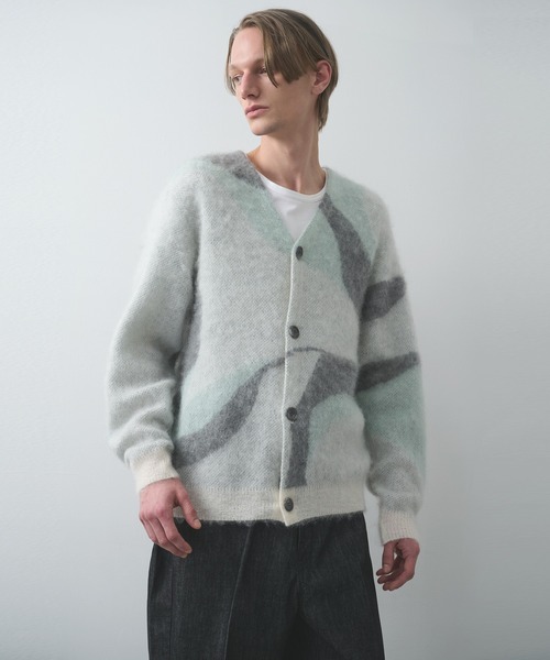 WRAPINKNOT（ラッピンノット）の「【WRAPINKNOT/ラッピンノット】別注 Mohair Jacquard Cardigan（カーディガン/ボレロ・メンズ・ブラック/ホワイト・3/2）」の2枚目の写真
