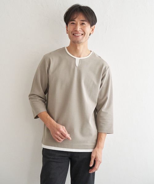 ikka(イッカ)の「【抗菌防臭】GOKU楽冷感7分袖キーネック(Tシャツ/カットソー・メンズ・ホワイト/ネイビー/グレー/チャコール・M/L/XL/S)」の1枚目の写真