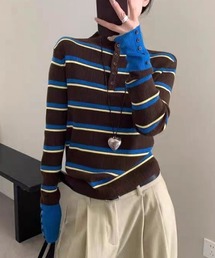 deux amour（ドゥーザムール）の「プチハイネックボーダーヘンリーネックリブニットプルオーバー（ニット/セーター）」