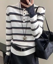 deux amour（ドゥーザムール）の「プチハイネックボーダーヘンリーネックリブニットプルオーバー（ニット/セーター）」