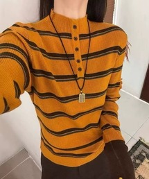 deux amour（ドゥーザムール）の「プチハイネックボーダーヘンリーネックリブニットプルオーバー（ニット/セーター）」