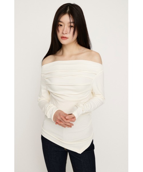 SLY（スライ）の「【2026SS新作】OFF SHOULDER TUCK TOPS オフショルダー タック トップス 春服（Tシャツ/カットソー・レディース・オフホワイト/杢グレー/ブラウン/ピンク/ブラック・FREE）」の6枚目の写真