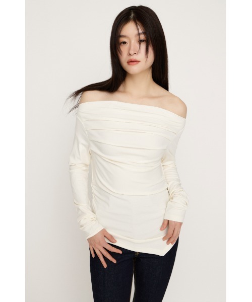 SLY（スライ）の「【2026SS新作】OFF SHOULDER TUCK TOPS オフショルダー タック トップス 春服（Tシャツ/カットソー・レディース・オフホワイト/杢グレー/ブラウン/ピンク/ブラック・FREE）」の9枚目の写真