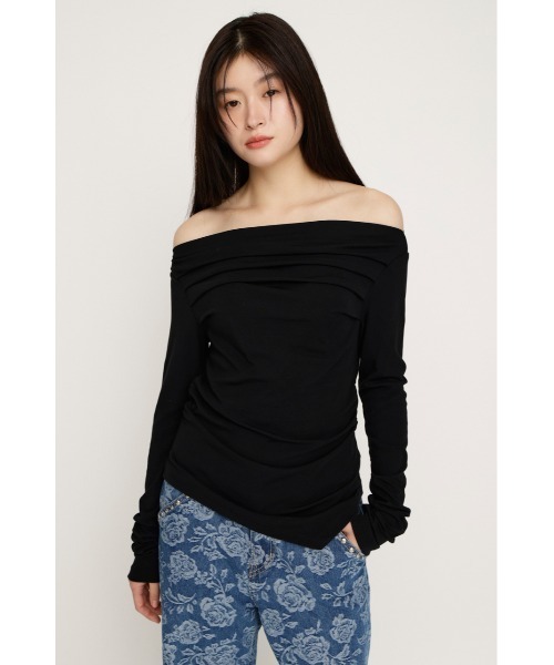 SLY（スライ）の「【2026SS新作】OFF SHOULDER TUCK TOPS オフショルダー タック トップス 春服（Tシャツ/カットソー・レディース・オフホワイト/杢グレー/ブラウン/ピンク/ブラック・FREE）」の16枚目の写真