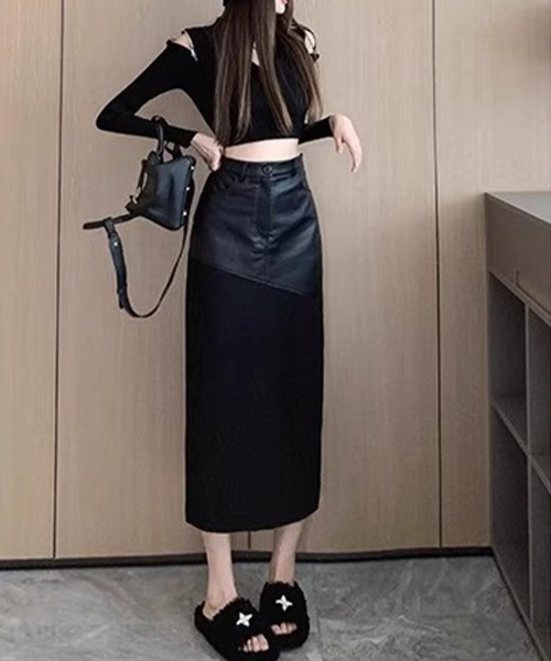 SallyLunn(サリーラン)の「レザードッキングセミフレアスカート(スカート・レディース・ブラック・MEDIUM/LARGE)」の1枚目の写真