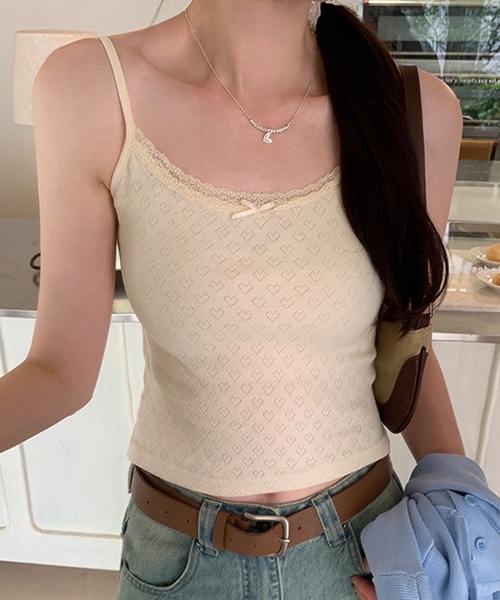 Lace Ladies(レースレディース)の「ハート柄 レース リボン カップ付き キャミソール(キャミソール・レディース・ピンク/ホワイト/アイボリー/ブラック・FREE)」の10枚目の写真