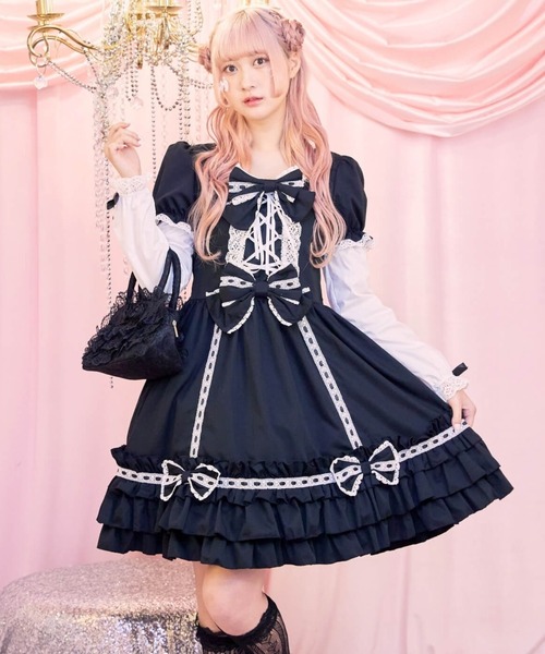 BODYLINE（ボディライン）の「3wayケープつきリボンのロイヤルドールドレス 5点セット（ワンピース・レディース・ベージュ/ブラック×ホワイト/ピンク/ブラウン・L/M/4L/2L）」の2枚目の写真